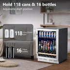 Beverage Fridge 24 Inch Beverage and Wine Cooler Built-in or Freestanding - 120 Cans & 16 Bottles Capacity Wine Refrigerator Cooler