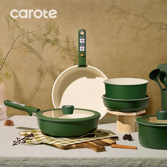 CAROTE 19Pcs Ceramic Cookware Set, Pots and Pans Set Non stick, Non Toxic Cookware Detachable Handle, Kitchen Cooking Set - Induction Cookware, Dishwasher/Oven Safe, PFAS Free, Green