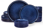 Famiware Star 12-Piece Stoneware Dinnerware Sets for 4, Reactive Glaze Plates and Bowls, Modern Rustic Dishes for Everyday & Formal Use, Chip/Scratch Resistant, Microwave/Dishwasher Safe, Nebulas Blue
