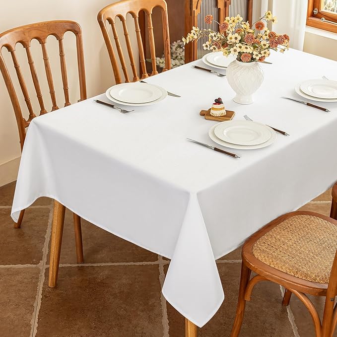 Textured White Fabric Table Cloth Rectangle, Spill Proof & Reusable Faux Linen Tablecloth for 8 Foot Rectangular Table, Easy Clean for Dining Banquet Wedding, 54 x 108 Inch
