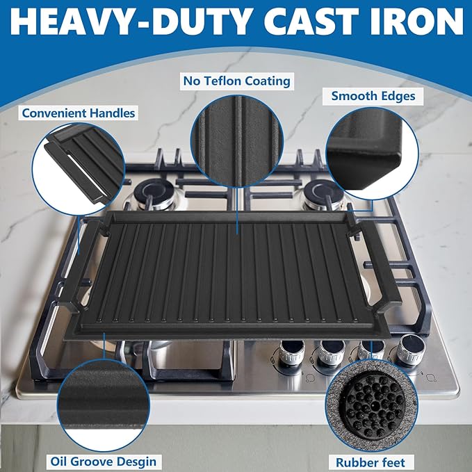 SafBbcue Cast Iron Pot, Griddle Pan Hot Plate Ridged Surface, Pre-Seasoned, Grill for Stovetop, Oven, Grill & Campfire, Suitable for Outdoor Cooking Kitchen and Patio Backyard, 17 x 11in