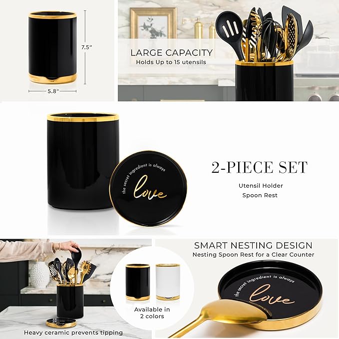 STYLED SETTINGS Black and Gold Utensil Holder with Built-in Spoon Rest - 2 PC Large Ceramic Utensil Holder Includes Black & Gold Spoon Rest - Luxury Kitchen Accessories - Utensils Not Included