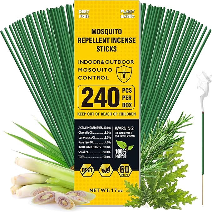BugBai® Mosquito Repellent Outdoor Patio, 240 PCS Natural Plant-Based Citronella Oil Incense Sticks Indoor Home Pet Family Safe, DEET Free Bug Insect Control Repellent for Yard Garden Camping Fishing