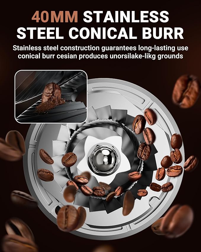 AMZCHEF Coffee Grinder, Coffee Bean Grinder for Home Use with Precise Grinding, LED Control Panel, Detachable Funnel Stand, Anti-static Design, 48 Grind Settings, Silver
