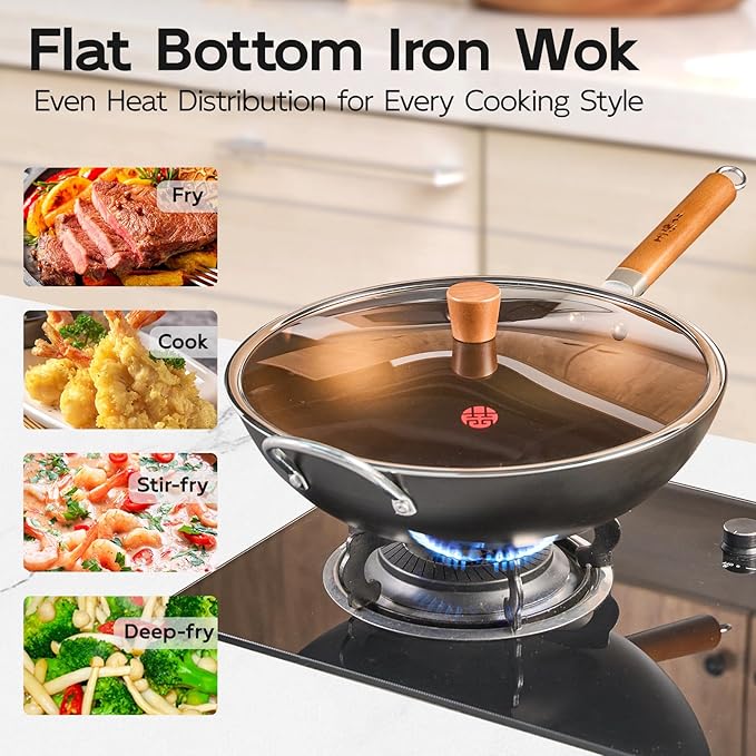 WANGYUANJI 14.2" Flat-Bottom Iron Wok with Glass Lid, Uncoated Stir-Fry Pan, Rapid-Heating Refined Iron, Induction/Gas/Electric Compatible, Wooden Handle (Seasoning Required)