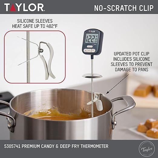 Taylor Digital Premium High Heat Resistant Candy Thermometer, Meat, Deep Fry, Brewing, and Craft Thermometer, with pan/Kettle Clip and Heat Shield, Backlit Display, and Includes 1 CR2032 Battery, Navy