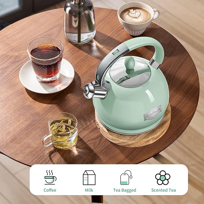 RETTBERG Tea Kettles Stovetop, 2.64 Quart Induction Whistling Tea Kettles Food Grade Stainless Steel Teapots with Cool Touch Handle Mint Green