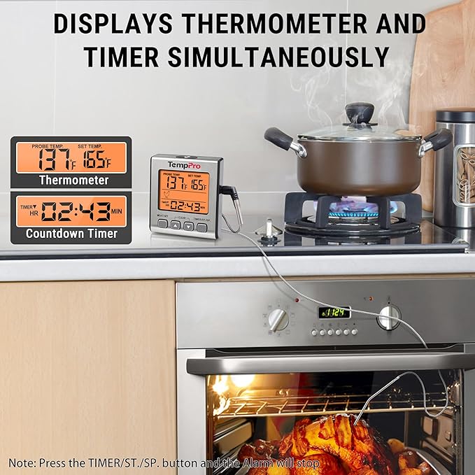 TempPro Digital Meat Thermometer for Cooking and Grilling, BBQ Food Thermometer with Backlight and Kitchen Timer, Grill Temperature Probe Thermometer for Smoker, Oven, Baking,Oil(Previously ThermoPro)