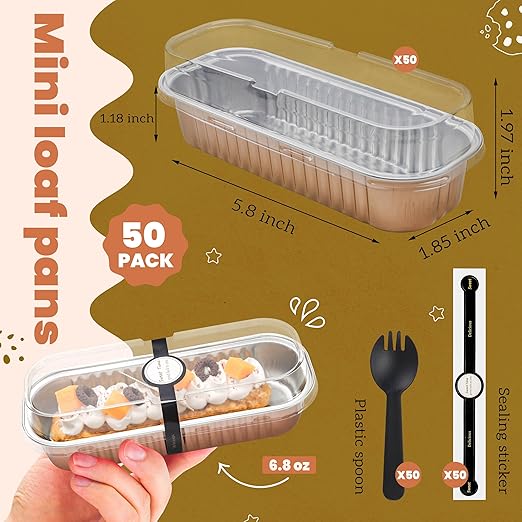 NPLUX 50 PACK Mini Cake Pans with Lids and Spoons, Rectangular Aluminum Foil Bread Pan, Mini Loaf Pans and Food Containers with Lids(Champagne, 6.8oz)
