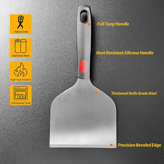 Vovoly Wide Griddle Scraper, 4.3“x4.3'' Smashed Burger Scraper Grill Scraper Spatula Burger Turner - Full Tang Silicon Handle Professional Grade Grill Accessories, Knife Grade Stainless Steel