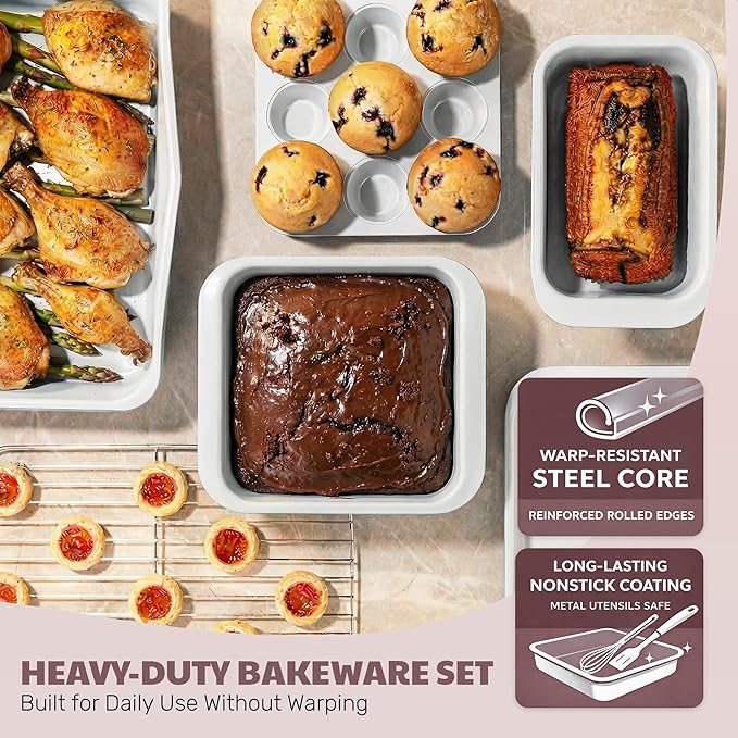 Gotham Steel 6 Pc Stackable Baking Pans Set, 70% Space Saving Design, Ceramic Bakeware Sets Non Toxic Made Without PFOA PFOS, with Baking Sheet Tray, Cake & Muffin Pans, Oven & Dishwasher Safe