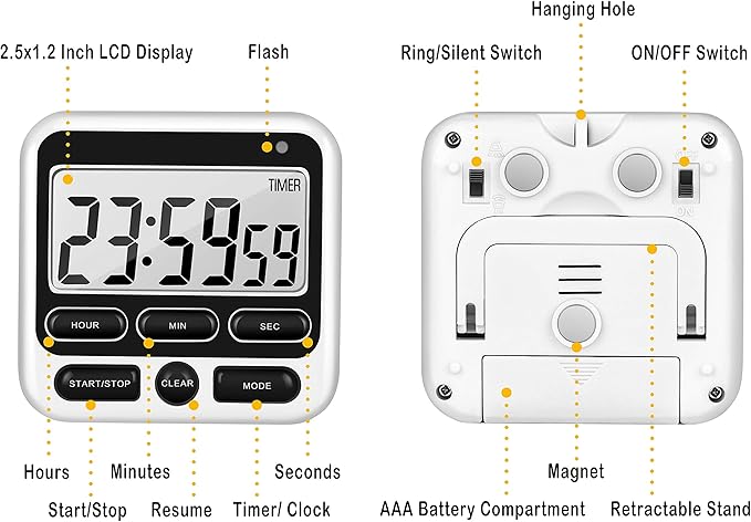 KTKUDY Digital Kitchen Timer with Mute/Loud Alarm Switch ON/Off Switch, 12-Hour Clock & Alarm, Memory Function Count Up & Count Down for Kids Teachers Cooking, Large LCD Display, Strong Magnet (Black)