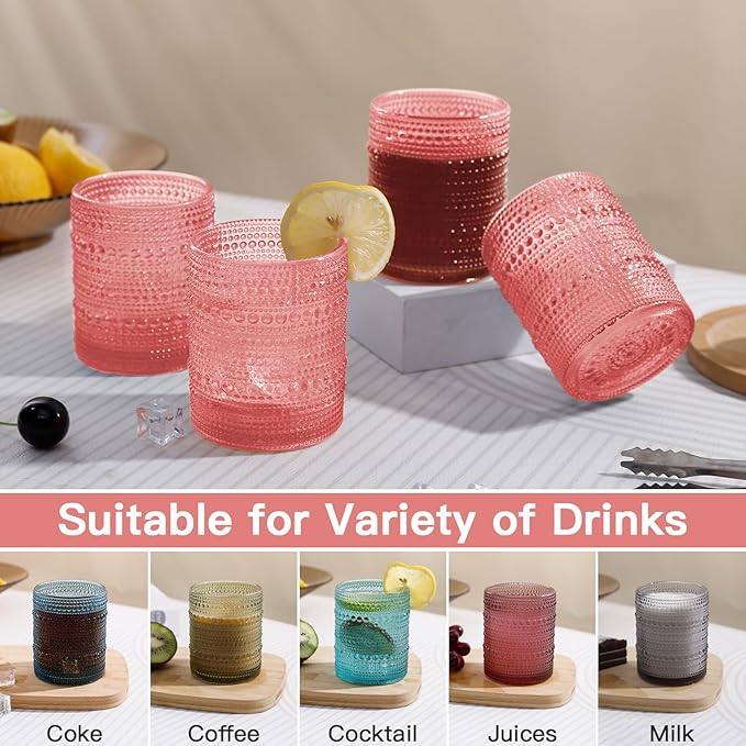 JOVGANK Pink Vintage Hobnail Drinking Glasses Set of 6, Embossed Water Tumbler 12oz, Kitchen & Bar Beaded Glass Cups, Beverage Glass Cups for Water, Beer, Juice, Housewarming and Mother's Day Gift