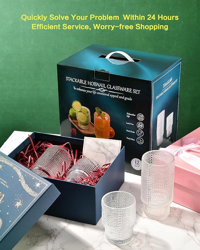 ISMASOAN Hobnail Drinking Glasses Set of 12, Stackable Glasses 12 oz and 7 oz, Bubble Glasses Drinking, Vintage Glassware, Beaded Glassware, Highball Glasses, Gift Box Set