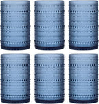 Moretoes Vintage Hobnail Drinking Glasses Set of 6, 15oz Highball Glass Cups, Kitchen Drinkware Glassware,Embossed Water Tumbler,for Beer,Cocktail,Whiskey,Juice and Various Mixed Drinks(Blue)