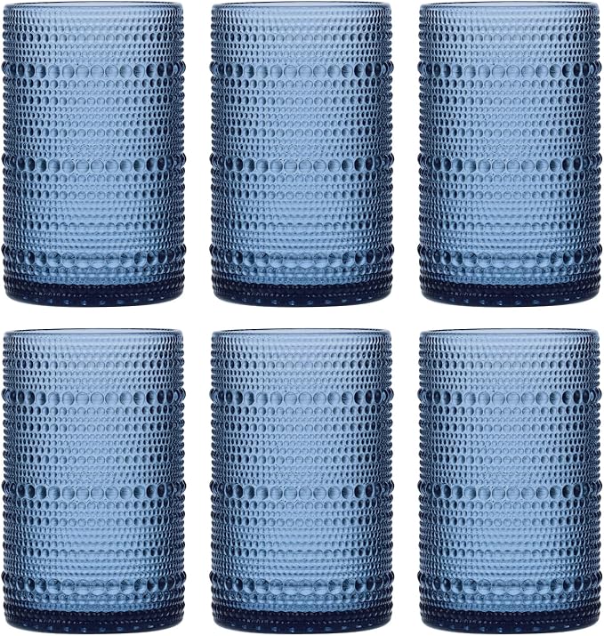 Moretoes Vintage Hobnail Drinking Glasses Set of 6, 15oz Highball Glass Cups, Kitchen Drinkware Glassware,Embossed Water Tumbler,for Beer,Cocktail,Whiskey,Juice and Various Mixed Drinks(Blue)