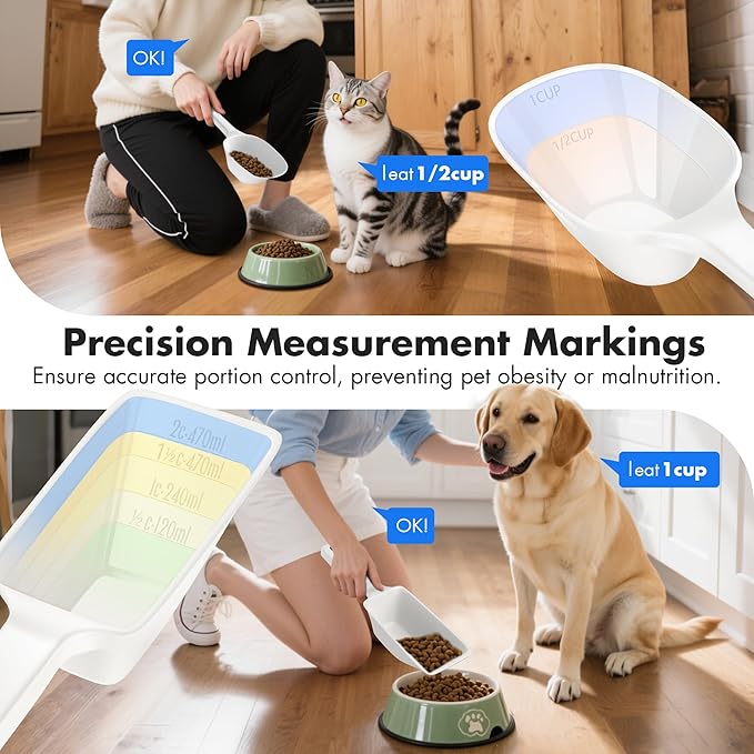 Food Scoop 2 PACK,2 Cup Capacity Dog Food Scoop With Measuring Lines For Dog, Puppy and Cat Coffee Bean Scoop, Flour Scoop (Small & Large White)