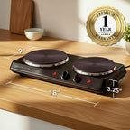 OVENTE Electric Countertop Double Burner, 1700W Cooktop with 7.25" and 6.10" Cast Iron Hot Plates, Temperature Control, Portable Cooking Stove and Easy to Clean Stainless Steel Base, Black BGS102B