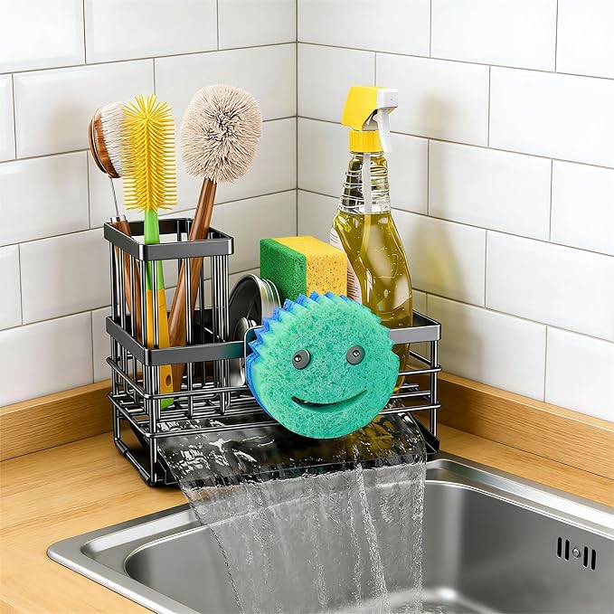Cisily Sink Caddy with Smiley Face Sponge Holder for Kitchen with Brush Holder and Stainless Steel Self Drain Tray, Rustproof Kitchen Sink Organizer, Soap Dispenser Storage Accessories (Black)