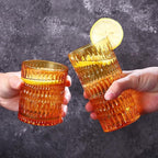 Loivttvv Glassware Drinking Glasses Set of 8, 14 oz Highball Glasses & 10 oz Ribbed Glass Cups, Vintage Glassware for Water, Juice, Cocktail (Thanksgiving Amber)