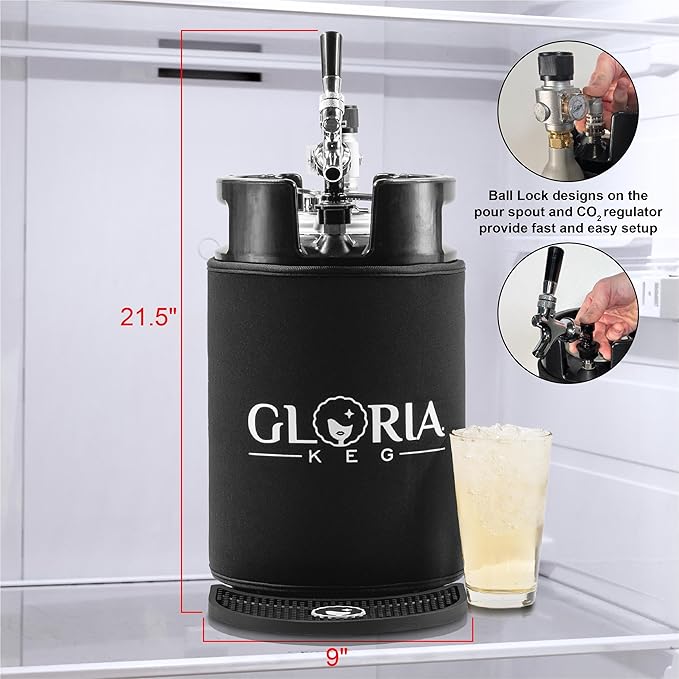 Gloria 10L (2.6 Gal) Mini Keg, Pressurized Keg for Drinks, with Tap System, Co2 Regulated, Stainless Steel