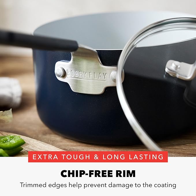 GreenPan x Bobby Flay 2.5QT Nonstick Saucepan with Glass Lid, PFAS-Free Diamond Ceramic, Induction Suitable, Stay-Cool Silicone Handle, Easy Clean Dishwasher & Oven Safe, Chef Pan, Oxford Blue