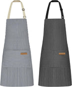 NLUS 2 Pcs Kitchen Cooking Aprons, Poly/Cotton Blend Adjustable Soft Bib Stripe Aprons with 2 Pockets for Women Men Chef (Blue Pinstripes/Black Pinstripes)