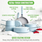 GreenLife 10-Piece Nonstick Ceramic Cookware Set, Lightweight Healthy PFAS-Free Pots & Pans with Lids, Dishwasher & Oven Safe, Durable Body, Silicone Stay-Cool Handles, Easy Release, Blue Haze