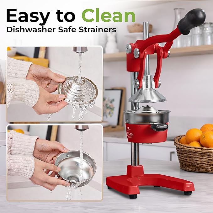Zulay Kitchen Cast Iron Juicer - Easy-to-Clean Heavy-Duty Manual Juicer, Professional Citrus Juicer - Stainless Steel Lemon Squeezer - Manual Citrus Press & Orange Squeezer - Orange Juicer (Red)
