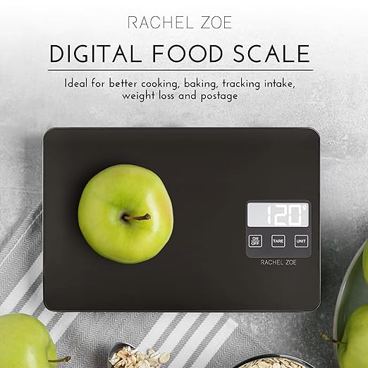 Rachel Zoe Digital Kitchen Food Scale with Non-Slip Base for Home and Kitchen, Measures in Pounds, Grams, Milliliters & Kilograms, Battery Operated Aluminum Electric Scale for Meals, Baking & Diets