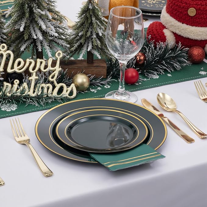 NOCCUR 200PCS Green Plastic Plates for 100 Guests - Include 100PCS 10" Dinner/ 100PCS 7" Dessert Disposable Plates Heavy Duty - Ideal for Party/Wedding/Christmas