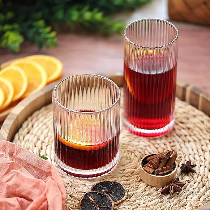 Moretoes Ribbed Drinking Glasses Set of 12, Glassware Clear Water Glass Cups, 6 Highball Glasses 12 Oz, 6 Rocks Glass 13 Oz, RibbedKitchen Bar Tumbler for Wine, Juice, Ice Coffee, Whiskey