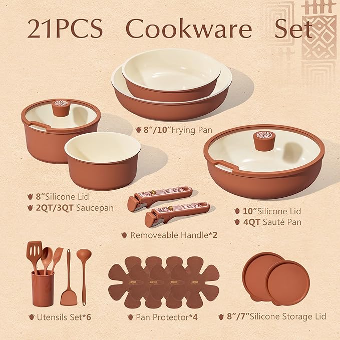 CAROTE 21-Piece Ceramic Cookware Set, Nonstick Pots and Pans Set with Detachable Handle, Non-Toxic Kitchen Cooking Set, Induction Compatible, Dishwasher & Oven Safe, Terracotta
