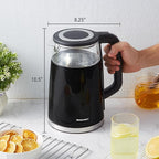 Elite Gourmet 1.7L Dual Wall Cool Touch Electric Tea Kettle, Borosilicate Glass, 304 Stainless Steel Interior, Programmed Digital Touchscreen, Keep Warm, Auto Off & Audible Indicator, Black