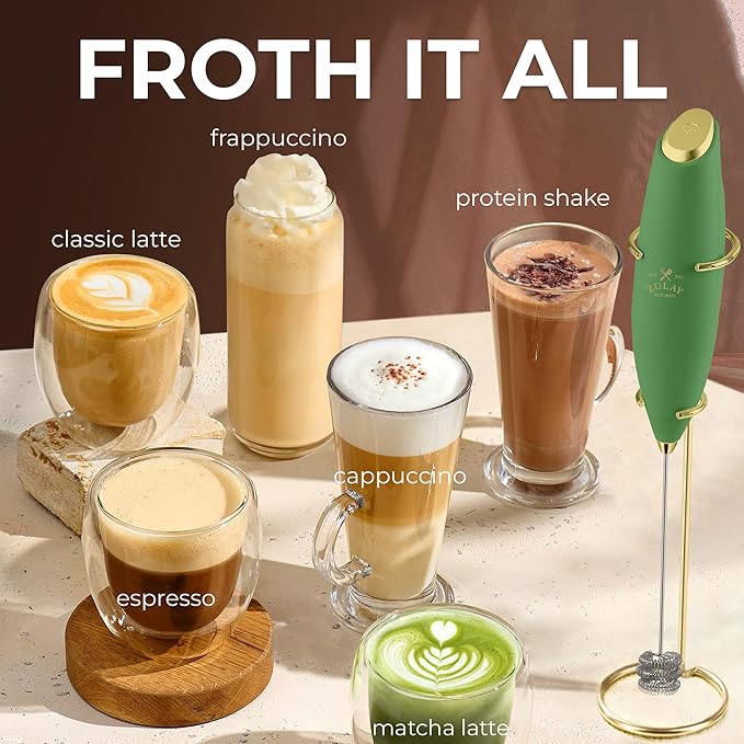 Zulay Kitchen Patented Tornado Triple Whisk Milk Frother with 4 Duracell Batteries – Handheld Foam Maker for Coffee, Lattes, Matcha & Hot Chocolate – Rich, Creamy Froth in Seconds - Olive & Gold