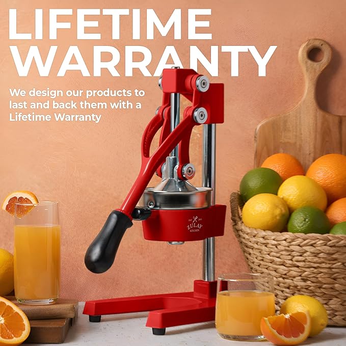 Zulay Kitchen Cast Iron Juicer - Easy-to-Clean Heavy-Duty Manual Juicer, Professional Citrus Juicer - Stainless Steel Lemon Squeezer - Manual Citrus Press & Orange Squeezer - Orange Juicer (Red)