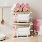 2 Pack Stackable Laundry Room Organization and Storage, Laundry Room Decor and Accessories, Trash Bag Holder with Bamboo Top and Garbage Bag Dispenser, White