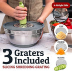 Priority Chef 6Pc Large Mixing Bowls With Lids Set with Non-Slip Bases, Stainless Steel Mixing Bowl Set, 6 Airtight Lids and 3 Graters, Grey