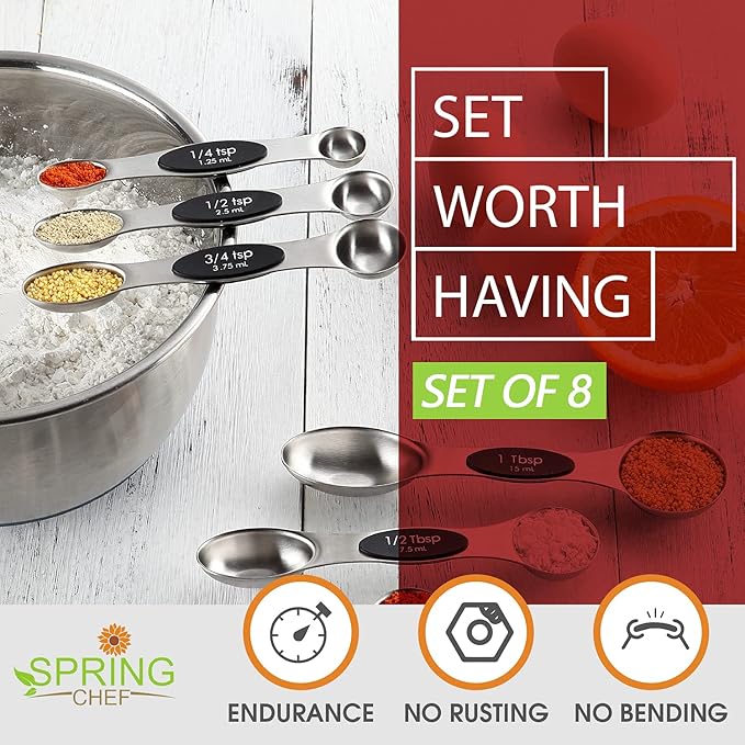 Spring Chef Stainless Steel Magnetic Measuring Spoons Set of 8, Black & Measuring Cups Set of 7