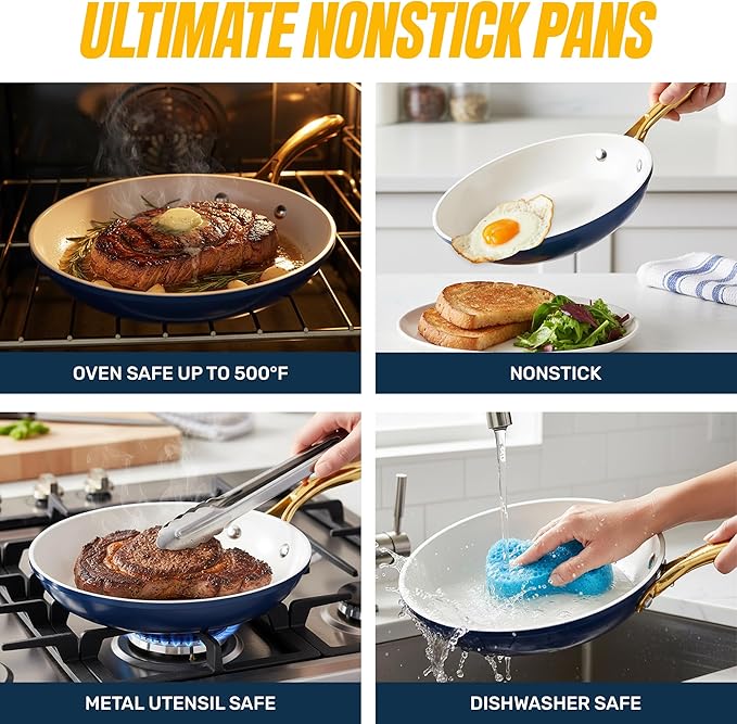 Gotham Steel 15 Pc Ceramic Pots and Pans Set Non Stick, Kitchen Cookware Sets, Pot and Pan Set, Ceramic Cookware Set, Non Toxic Cookware Set, Non Stick Pots and Pan Set, Dishwasher Safe - Navy