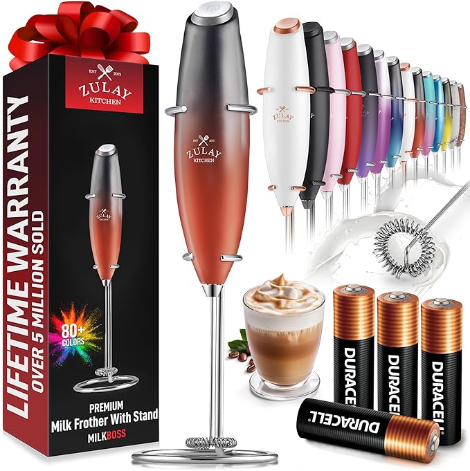 Zulay Kitchen Powerful Milk Frother Wand With 4 AA Duracell Batteries - Ultra Fast Handheld Drink Mixer - Electric Whisk Foam Maker for Coffee, Lattes, Cappuccino, Matcha & Creamer - Black and Red