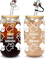 ANOTION Personalized Halloween Cups Glass-Boo Basket Stuffers- Ghost Decorations Glass Cups Tumbler 18OZ -Halloween Gifts for Friend Son Daughter