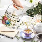 Fasmov 2.5L Enamel Teapot, Large Porcelain Enameled Teakettle, Floral Colorful Tea Kettle with Handle for Stovetop, Retro Steel Teapot for Hot Water, No Whistling