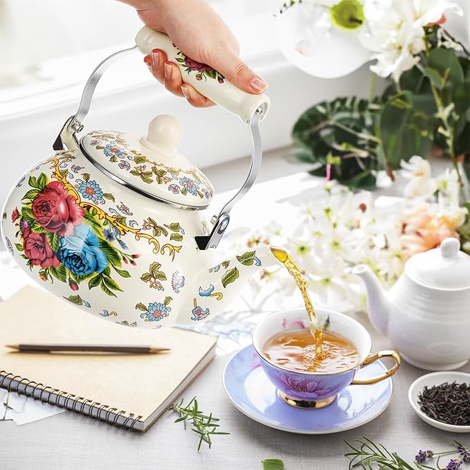 Fasmov 2.5L Enamel Teapot, Large Porcelain Enameled Teakettle, Floral Colorful Tea Kettle with Handle for Stovetop, Retro Steel Teapot for Hot Water, No Whistling