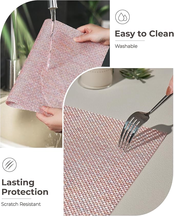 Leetaltree Luxury Pink Iridescent Placemats Set of 8 - Waterproof Washable for Wedding, Anniversary, Festive and Daily Use - Sparkling Table Mats Table Decor - Hand-Cut