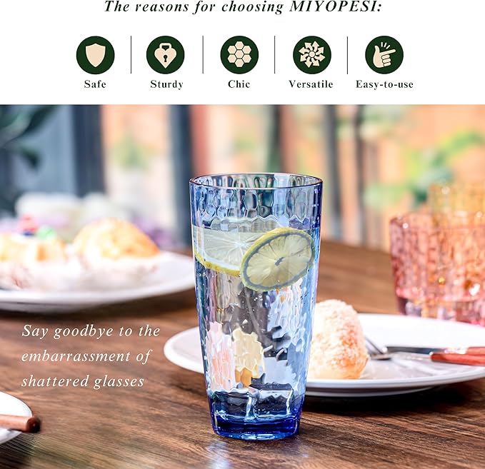 26oz Blue Acrylic Glasses Drinkware (Set of 6), Hammered Design Shatter-Proof Plastic Cups, Reusable Plastic Large Drinking Tumblers, Stackable, BPA-Free, Dishwasher-Safe