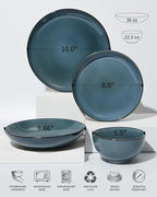 Pokini 24 Piece Double Bowl Dinnerware Sets with Pasta Bowls, Highly Chip and Crack Resistant Plates and Bowls Sets, Natural Earthyware Ceramic Dishware Sets, Service for 6 Jeans Blue