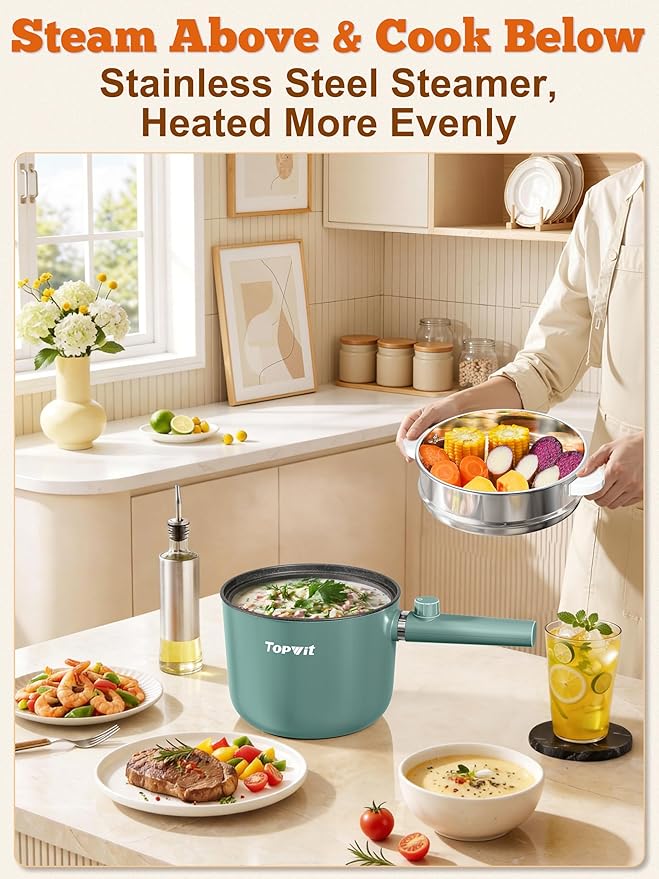 Topwit Hot Pot Electric, 1.5L Ramen Cooker, Portable Non-Stick Frying Pan, Hot Pot for Pasta, Steak, BPA Free, Electric Cooker with Dual Power Control, Over-Heating & Boil Dry Protection, Green