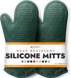 BPA-Free Silicone Oven Mitts Ultra Heat Resistant up to 500°F - Oven Mitts with Thick Cotton Liner - Long Slip Resistant Pot Holders, Flexible Oven Gloves - Green 13.7
