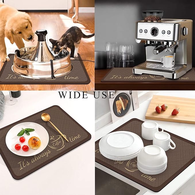 Coffee Mat for Countertops ,Coffee Bar Accessories Fit Under Coffee Maker Espresso Machine, Absorbent Hide Stain Rubber Mat for Countertop ,Dish Drying Mat for Kitchen Counter (D-Brown, 16"x24")
